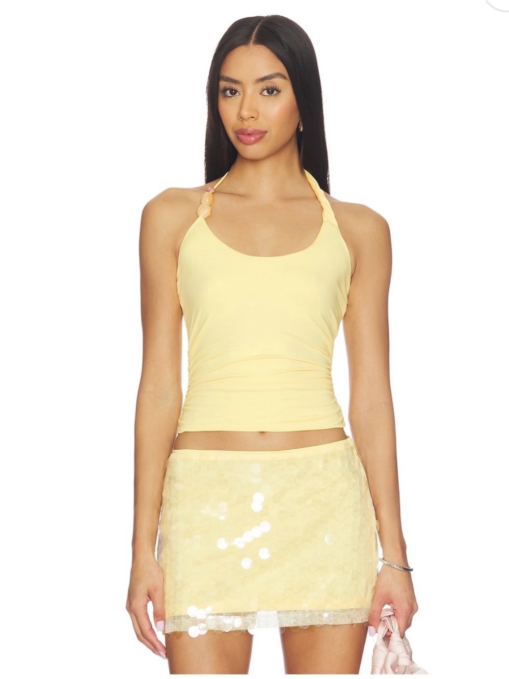 Twist-Strap Halter Tank Top in Pale Yellow